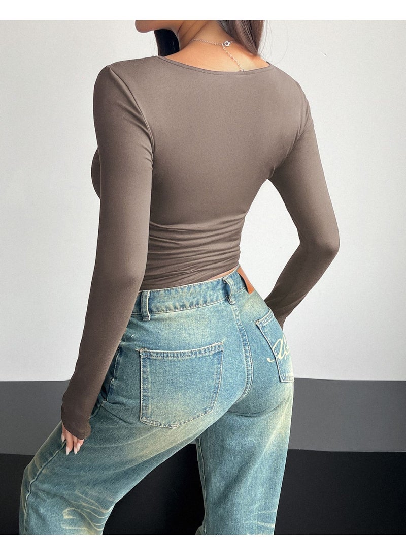 general 2026 Elegant Women's Long-Sleeved Square-Neck Crop Top, Long-Sleeved Pullover Tight-Fitting Casual Fashion Top, Y2K Style Top, T-Shirt - Image 4